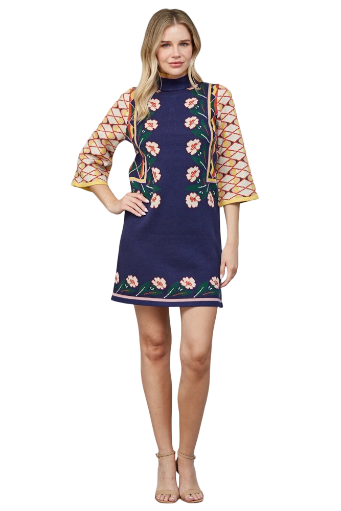 Apparel-Fate Jacquard Motif High Neck Floral Sweater Mini Dress