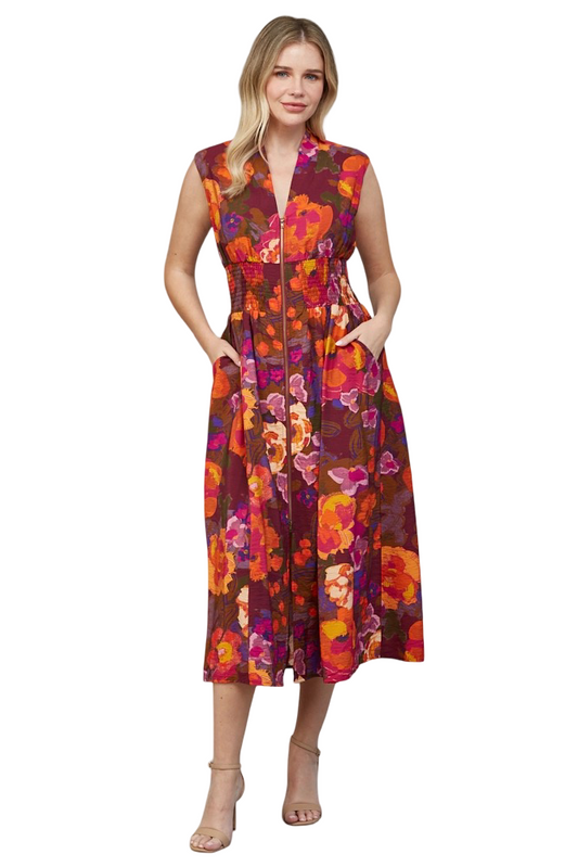 Apparel-Fate Printed Front Zip Midi Dress