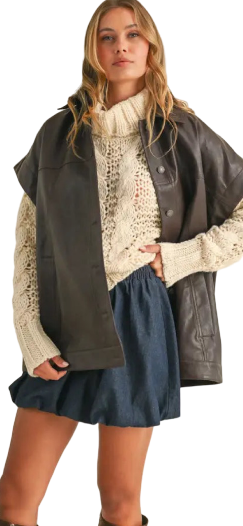 Apparel- Klesis Oversized Faux Leather Vest with Pockets