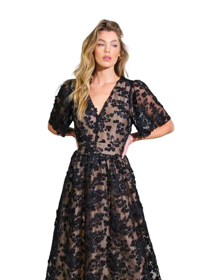 Apparel- Flying Tomato Holiday Lace Inlet Midi Dress
