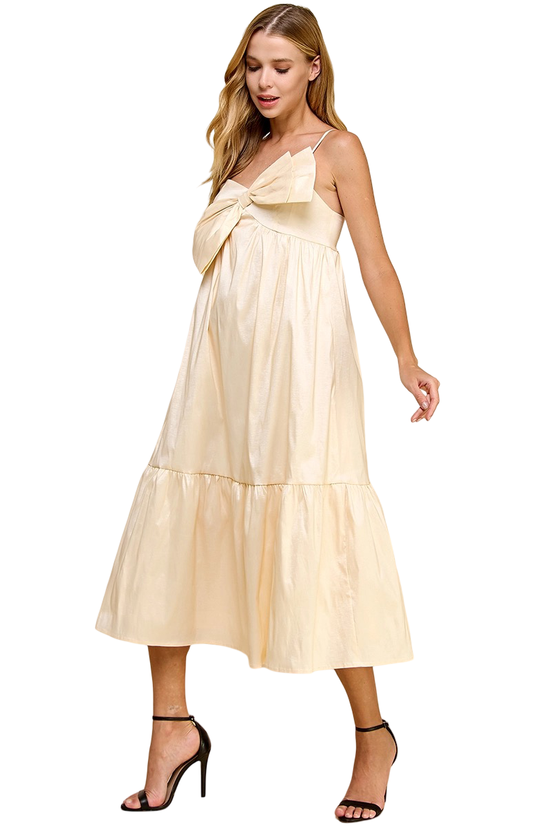 Apparel-TCEC Adjustable Strap Twist Bow Front Midi Dress