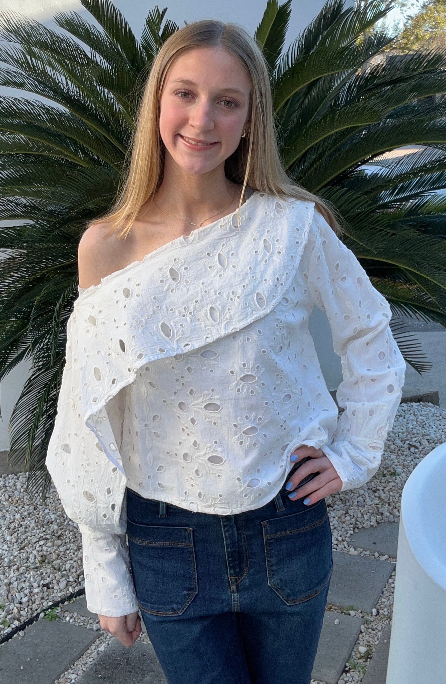 Apparel- Just Bellina Eyelet Off Set Long Sleeve Top