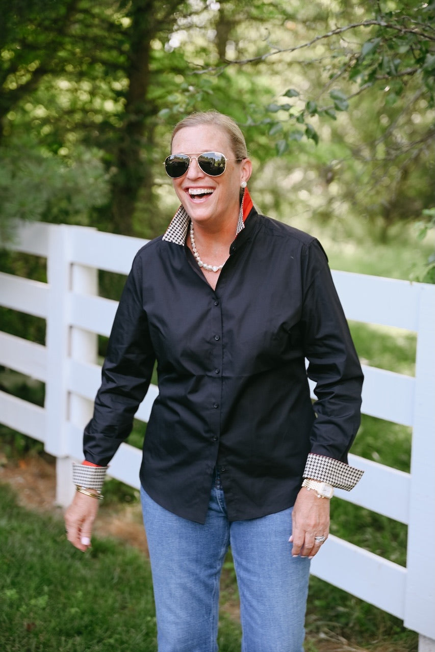 Apparel- Pearly Vines- Diana French Cuff Black w Red &Houndstooth Ribbon