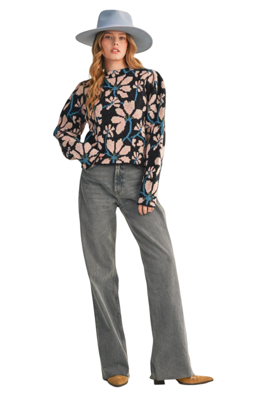 Apparel- En Merci Floral Mock Neck Sweater Top