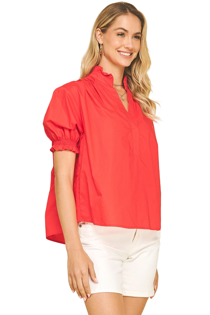 Apparel- Pinch Balloon Sleeve Blouse Short Sleeve Top