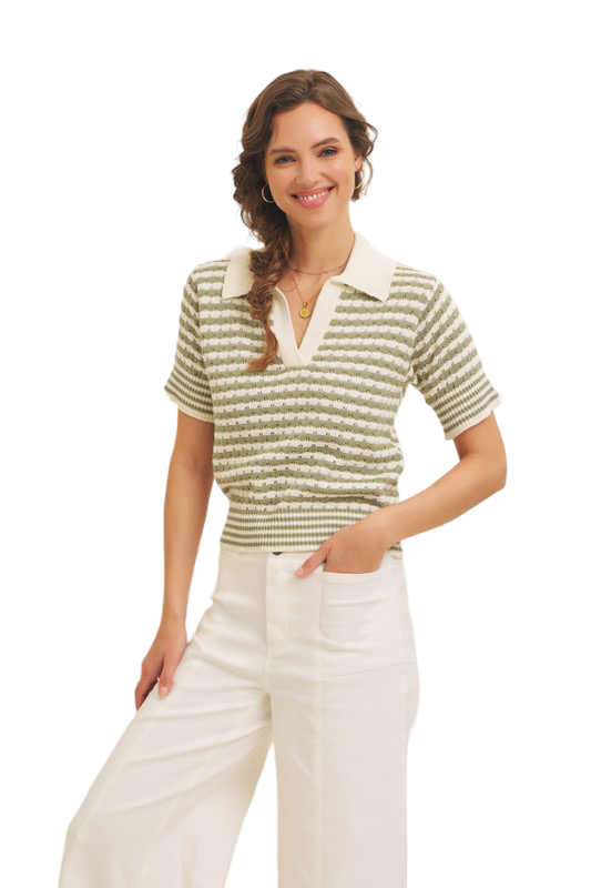 Apparel- In February Striped V Neck Collard Summer Sweater Top