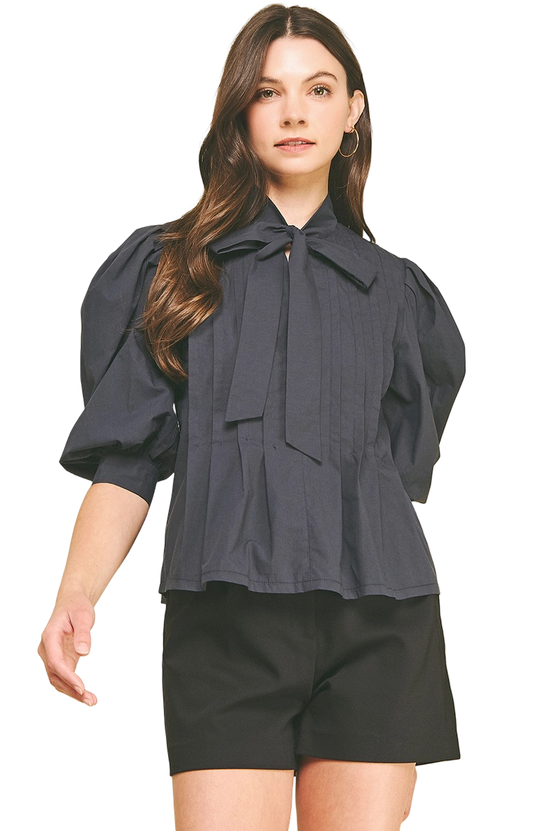 Apparel- Pinch Tuck Detail Tie Front Blouse Top