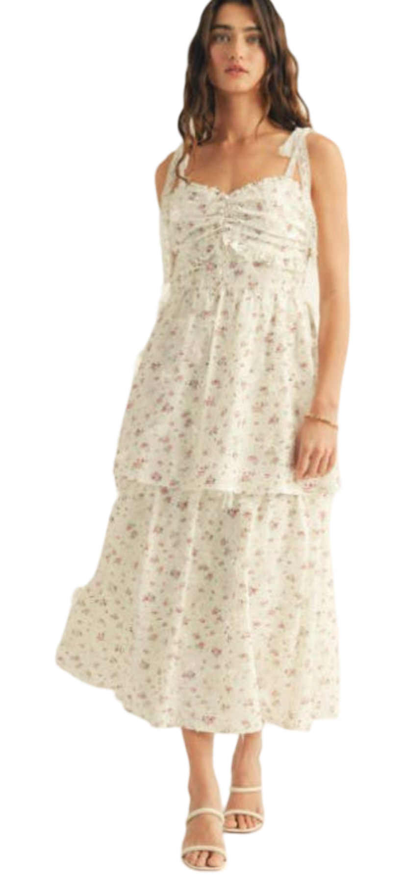 Apparel- Just Me Floral Print Shoulder Tie Shirring Detail Midi Dress