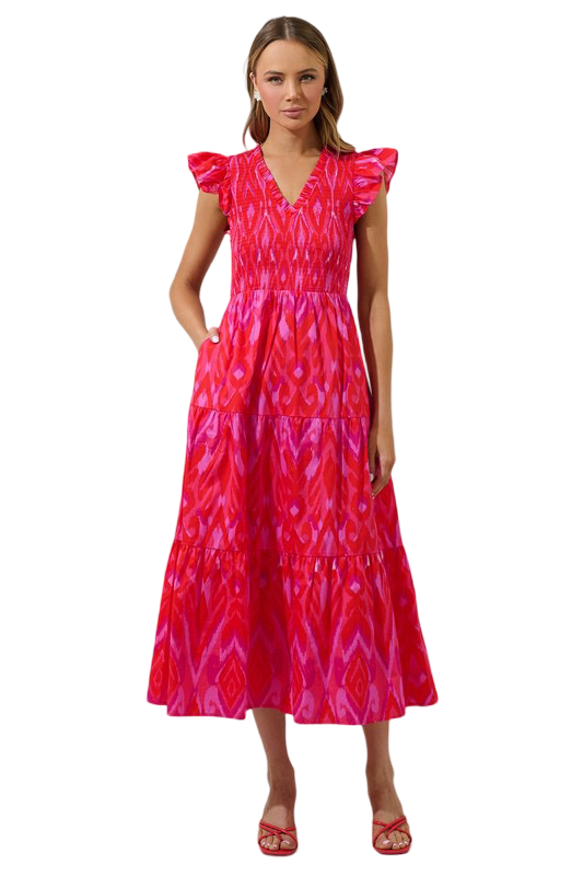 Apparel- Sugarlips Blevin Ikat Smocked Tiered Maxi Dress