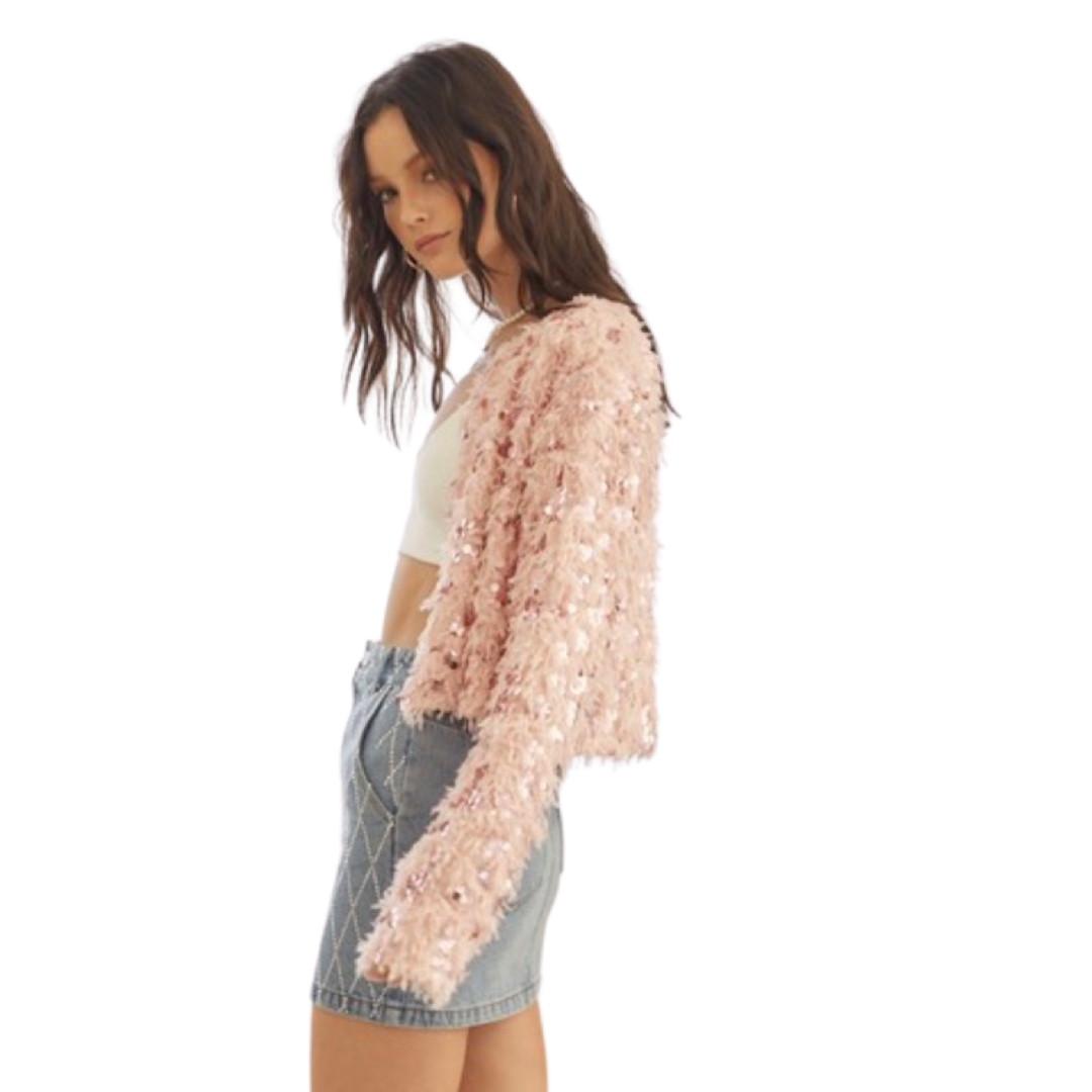 Apparel- Idem Ditto Feathered Sequin Embellished Cardigan Jacket