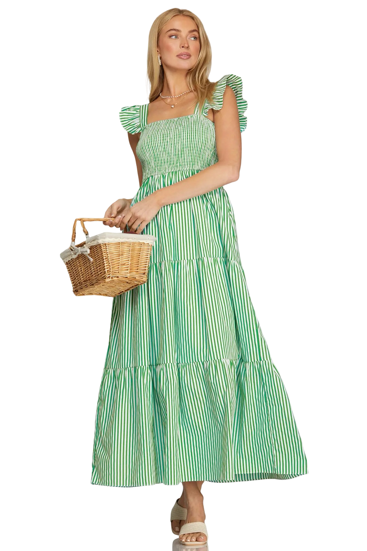She+Sky Square Neck Smocked Maxi Dress Green / Large
