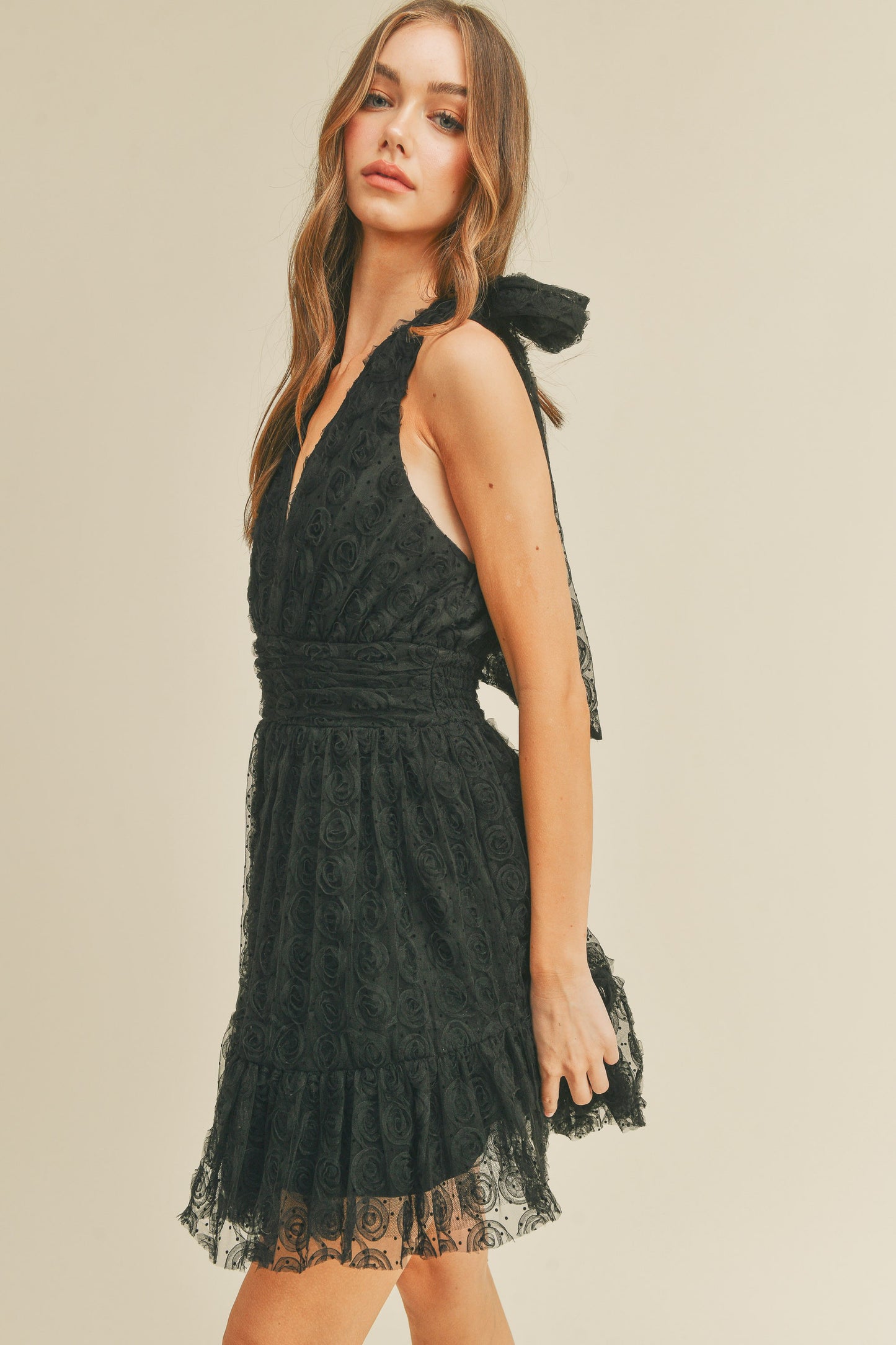 Apparel- Mabel Rose Textured Halter Mini Dress