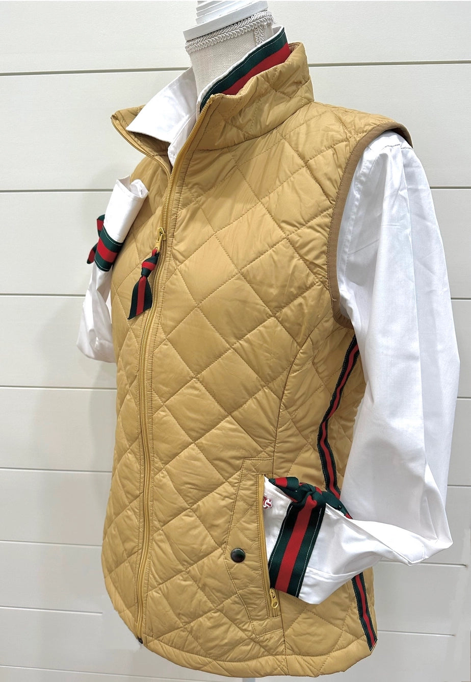 Apparel- Pearly Vine Maggie May- Khaki Quilted Puffer Vest w Hunter Green & Red Stripe Ribbon Trim