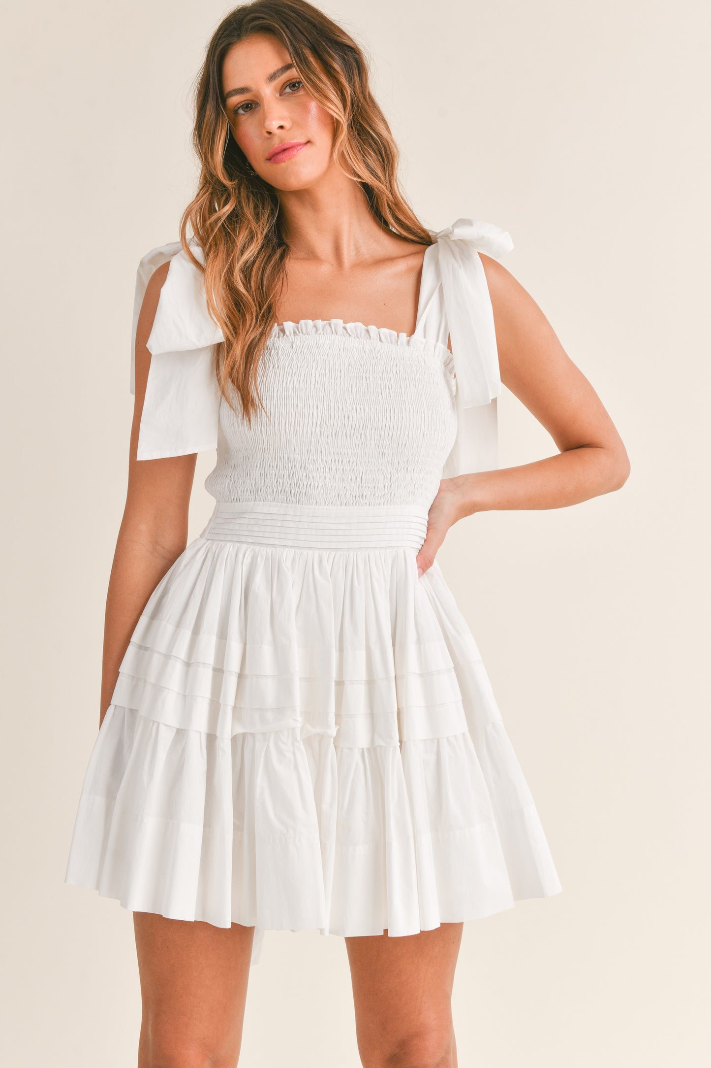 Apparel- Mabel Bow Tie Shoulder Mini Dress