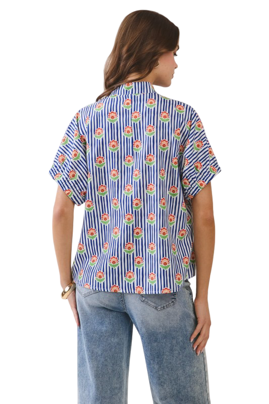 TCEC Floral Striped Neck Blouse Top
