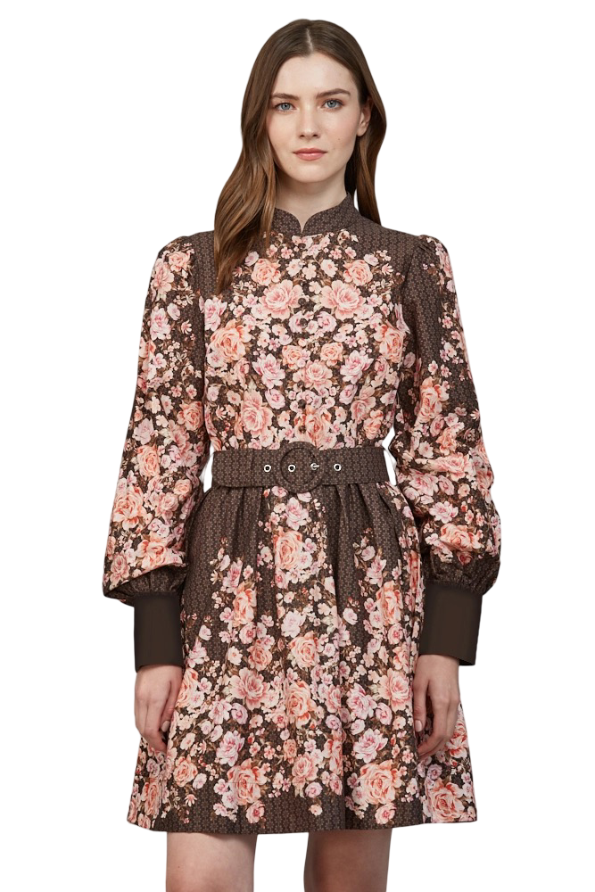 Apparel-Fate Mandarin Collar Self Belt Floral Mini Dress