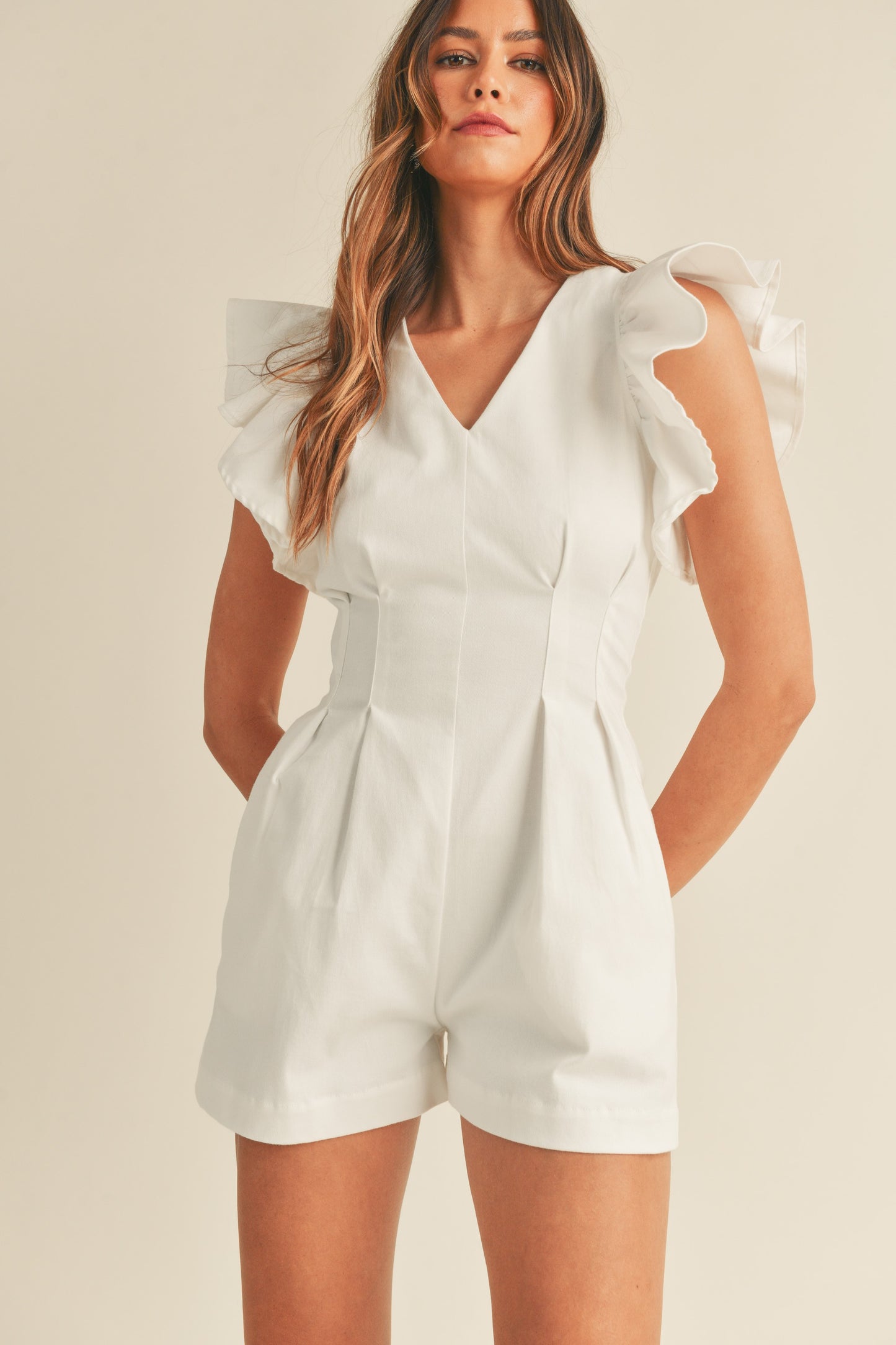 Apparel- Mabel Ruffle Sleeve V Neck Romper