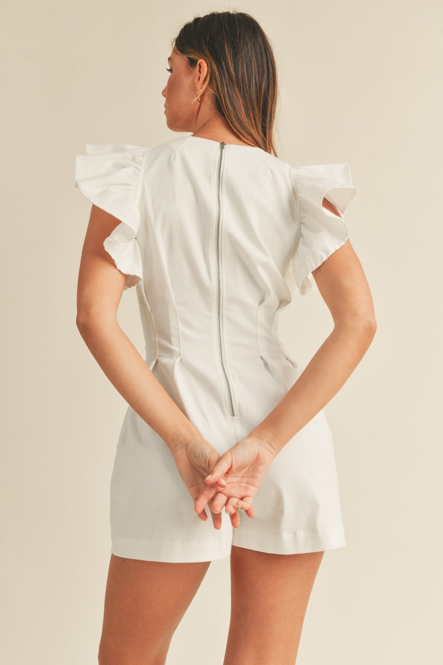 Apparel- Mabel Ruffle Sleeve V Neck Romper
