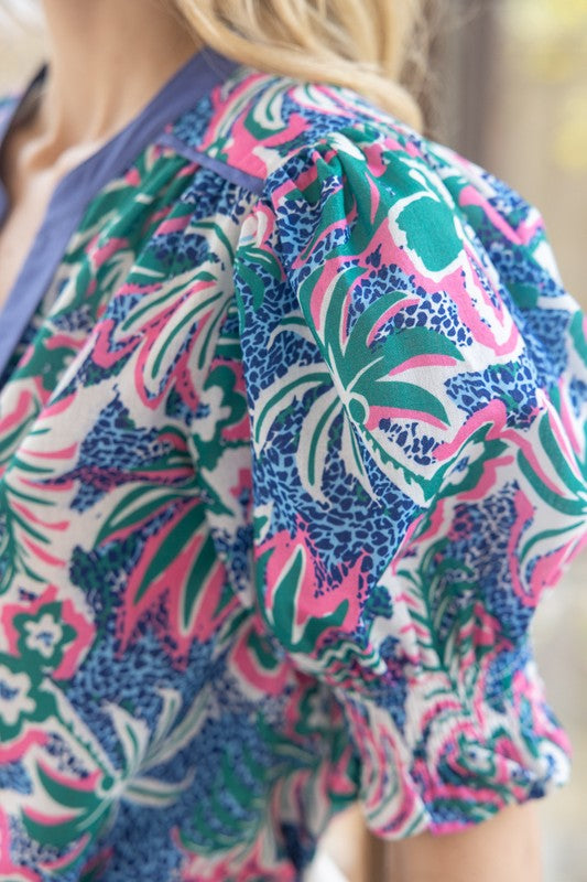 Apparel- VOY Short Puffed Sleeve Floral/ Leopard Top