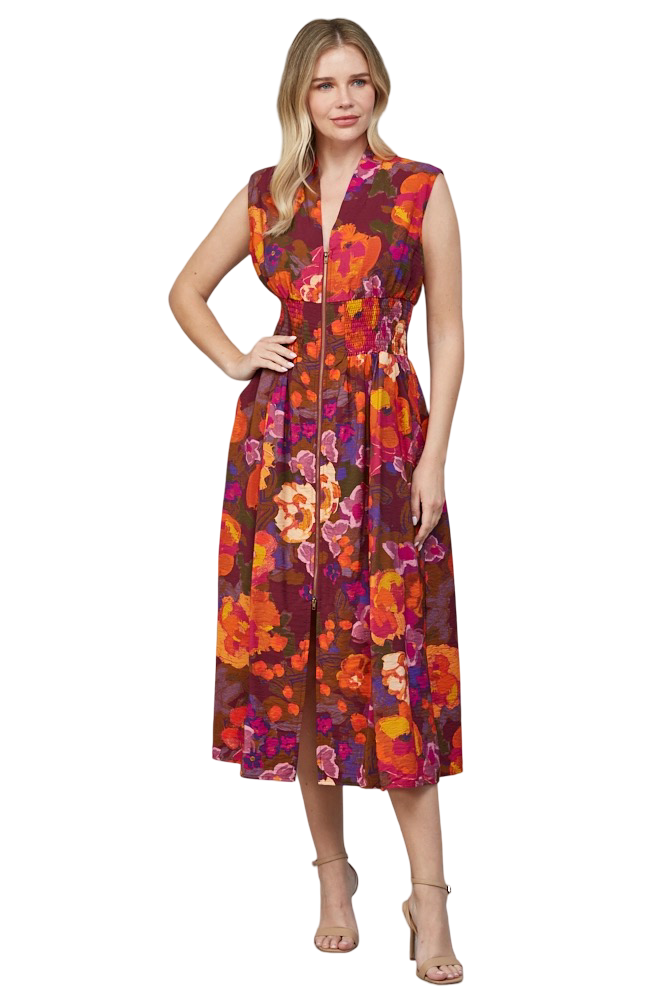 Apparel-Fate Printed Front Zip Midi Dress