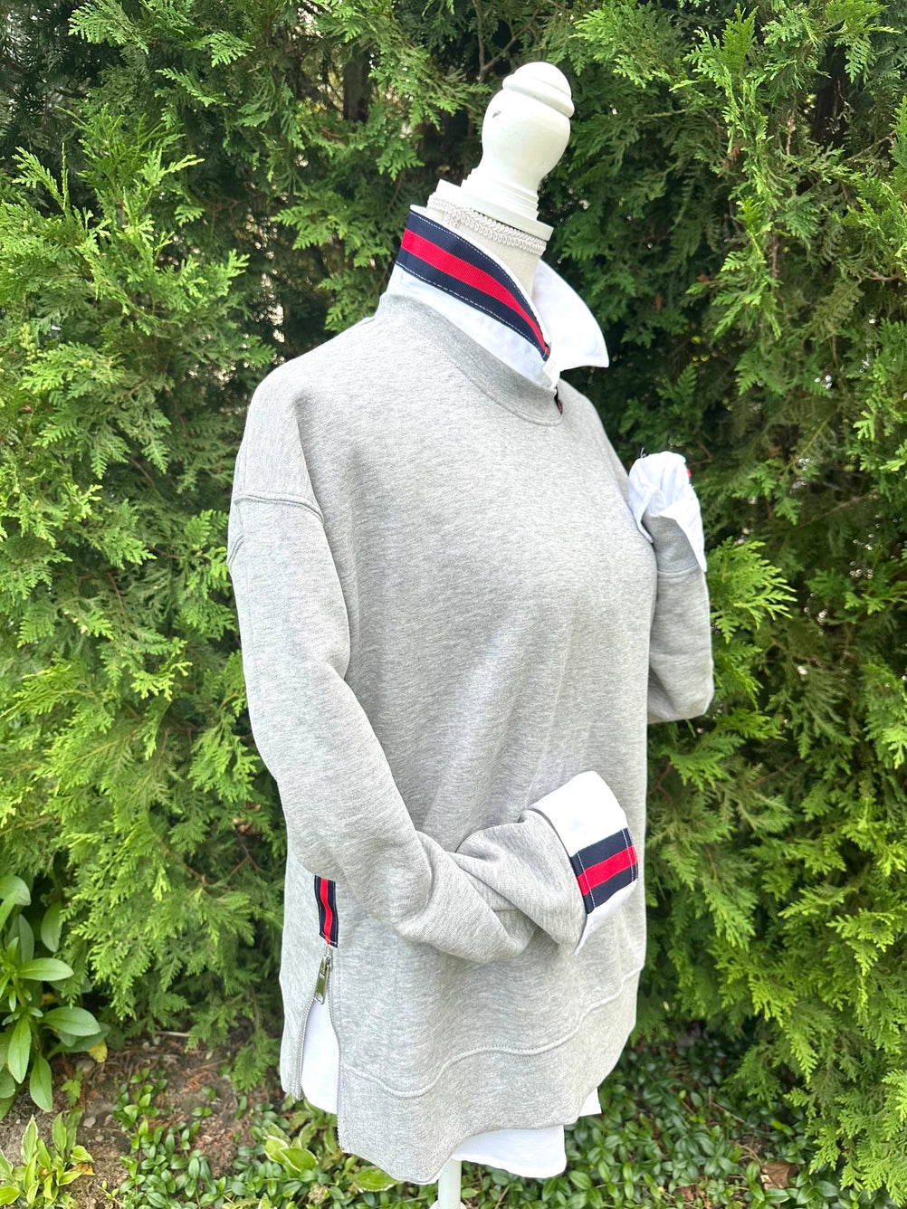 Apparel- Pearly Vines Casie 2- White Oxford with Navy and Red Stripe Ribbon