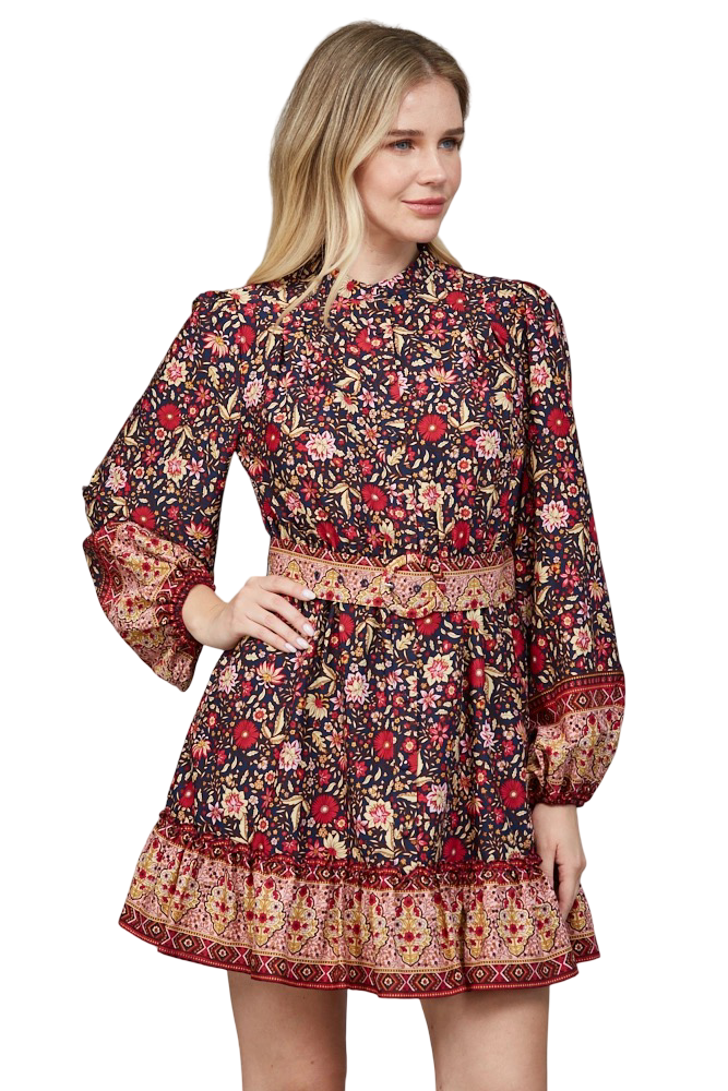 Apparel-Fate Border Print Button Down Belted Mini Dress