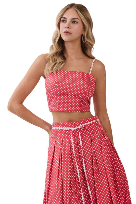 TCEC Pleated Polka Dot Rope Tie Maxi Skirt