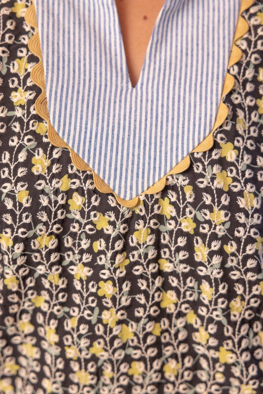 VOY Floral Embroidered Striped Top