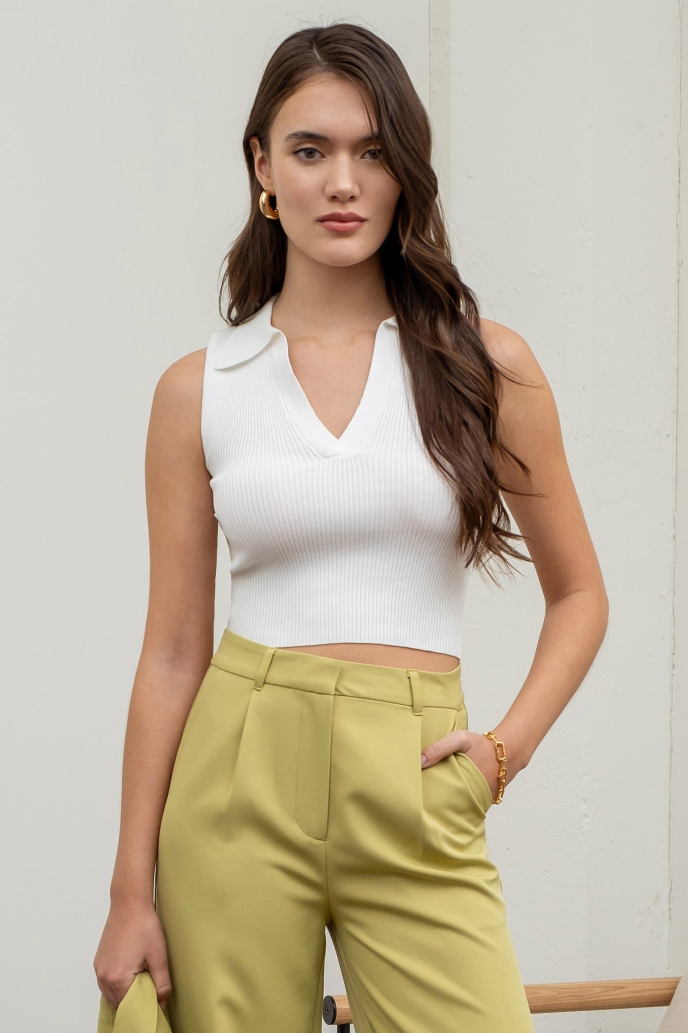 Apparel- The Workshop Collared Rib Knit Crop Top