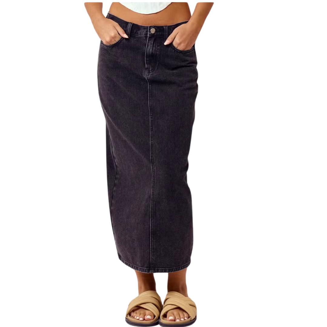 Apparel- Blue Blush Denim Midi Skirt With Back Slit