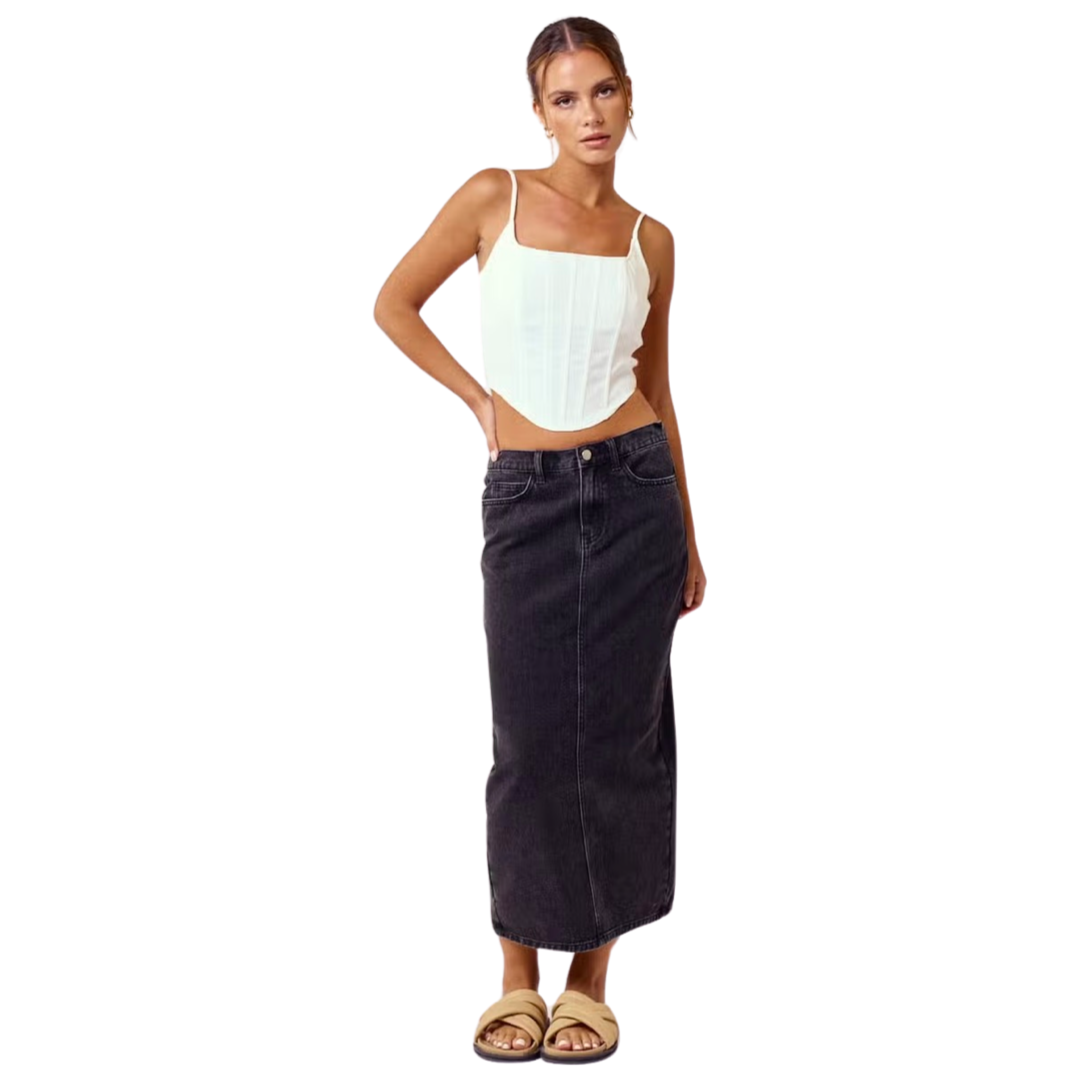 Apparel- Blue Blush Denim Midi Skirt With Back Slit