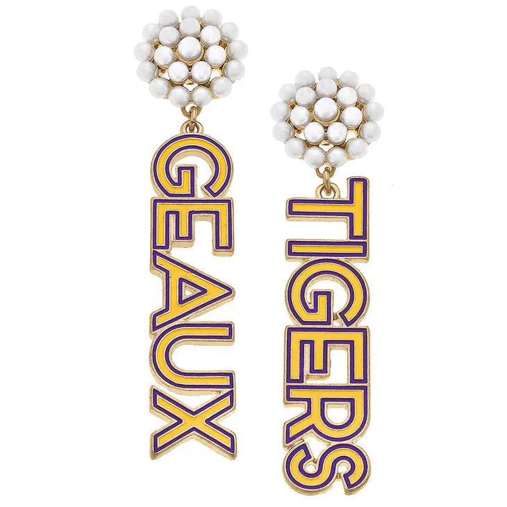 Earrings- Canvas LSU Pearl Cluster Enamel Outline Drop Earrings