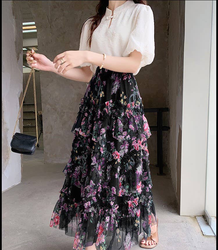 Apparel- Peach Twirl Worthy Floral Midi Ruffle Skirt