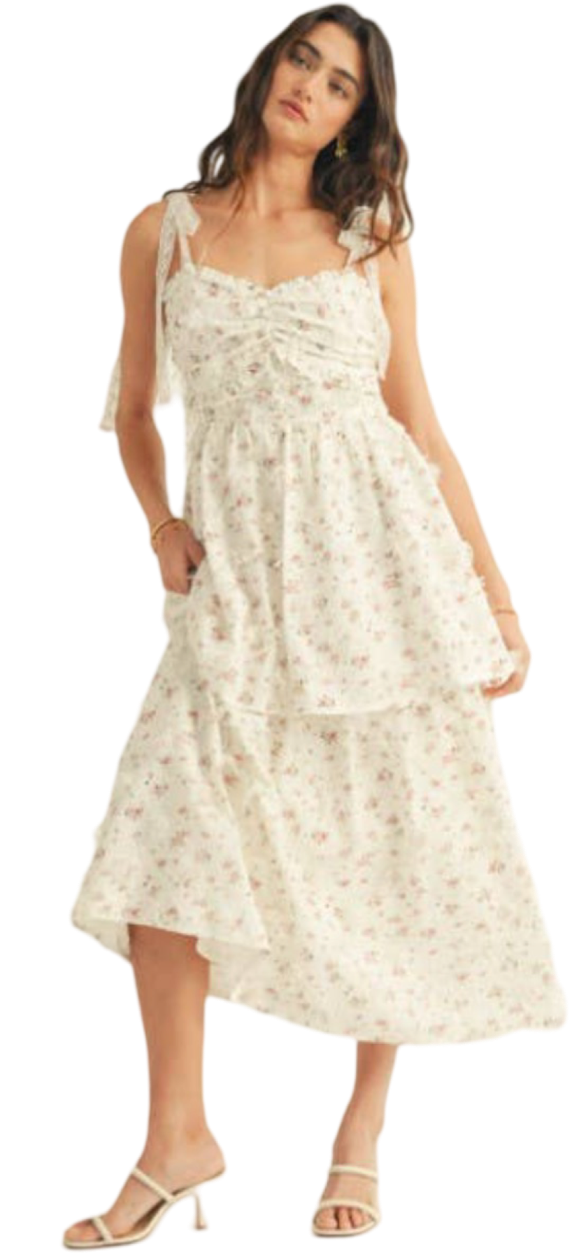 Apparel- Just Me Floral Print Shoulder Tie Shirring Detail Midi Dress