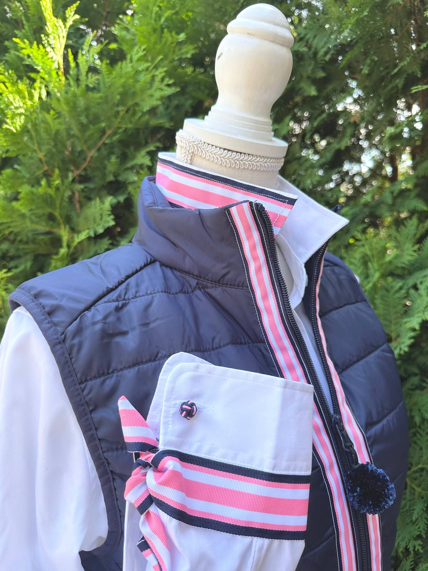 Apparel- Pearly Vines Audrey Ribbon FC- White with Navy,Pink and White Stripe Ribbon