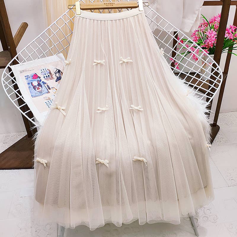 Apparel- Peach Tulle Midi Skirt with Bows