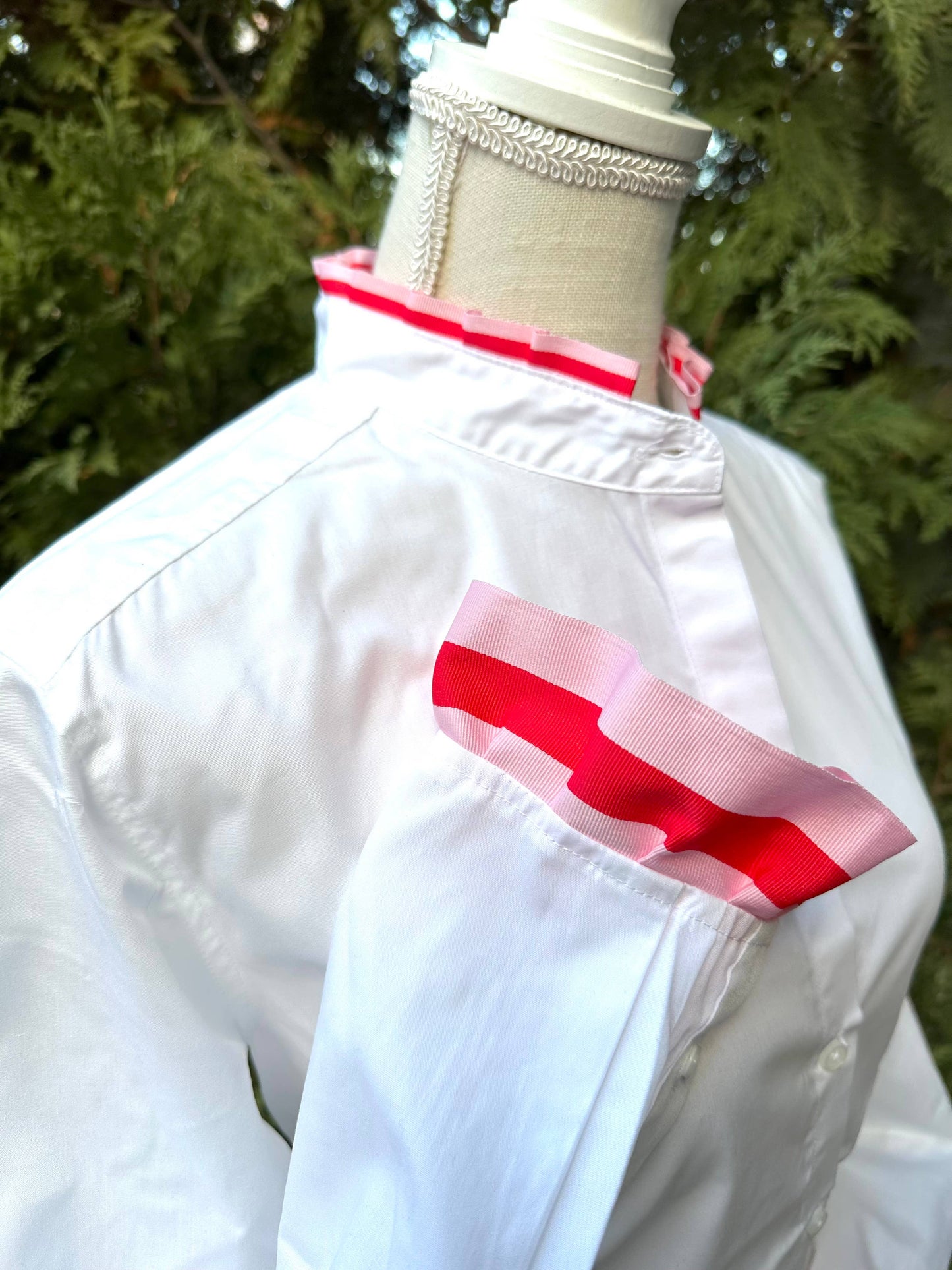Pearly Vine Dionne Ruffle Ribbon Trim Shirt- White w Pink & Red Ribbon
