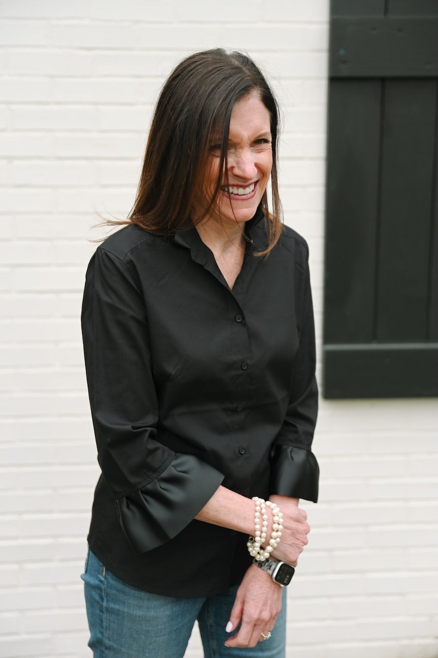 Apparel- Pearly Vines- Barbara Ann Black 3/4 Trim Ribbon Shirt