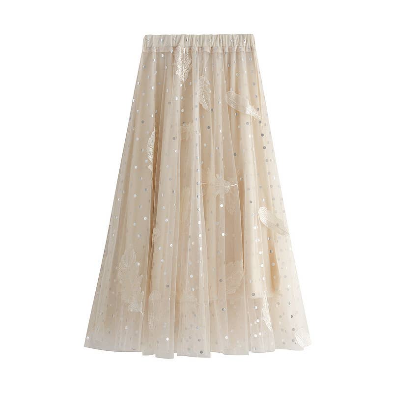 Apparel- Peach Polka Dot and Feathers Detailed Midi Skirts