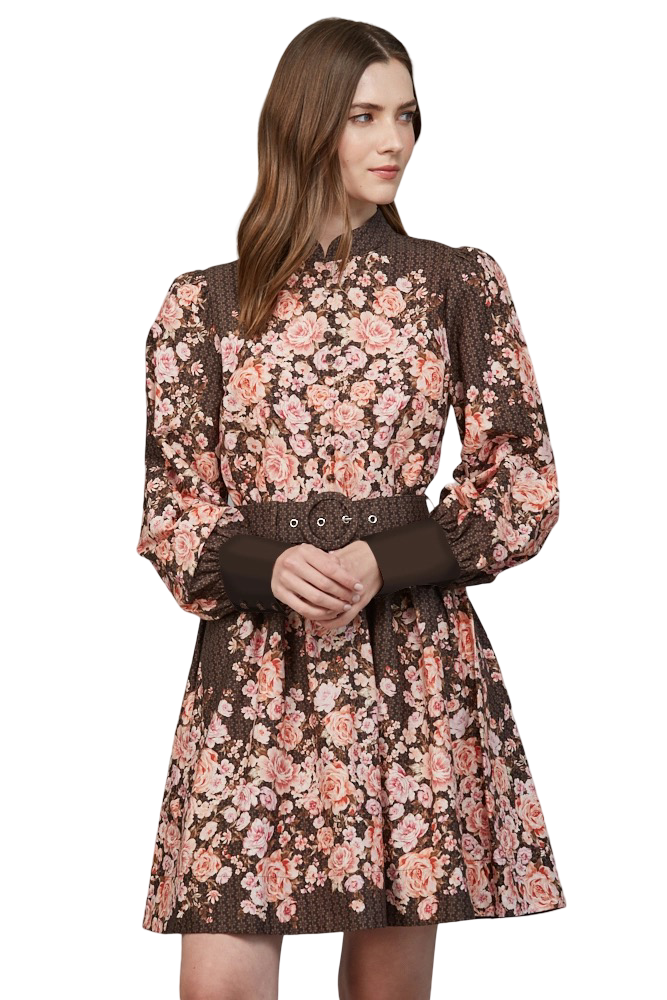 Apparel-Fate Mandarin Collar Self Belt Floral Mini Dress