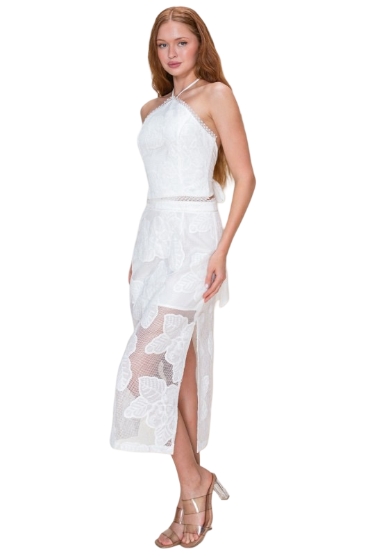 B. Right Lace Overlay Halter and Top and Midi Skirt Set