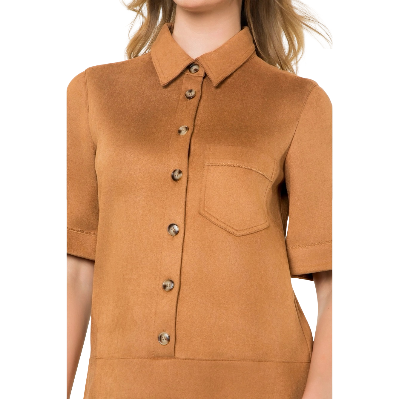 Apparel- THML Button Front Short Sleeve Suede Mini Dress