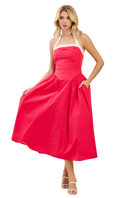 Apparel- Baby Pink  Game Day Halter Tie Back Midi Dress