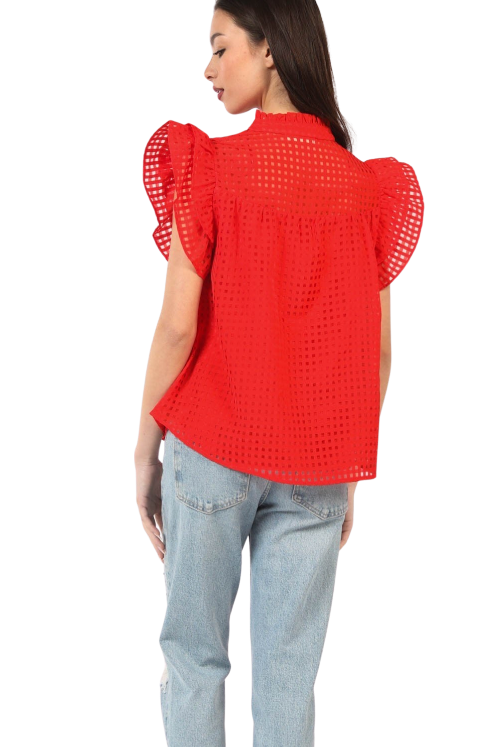 Apparel- Very J Cozy Ruffle Square Grid Top