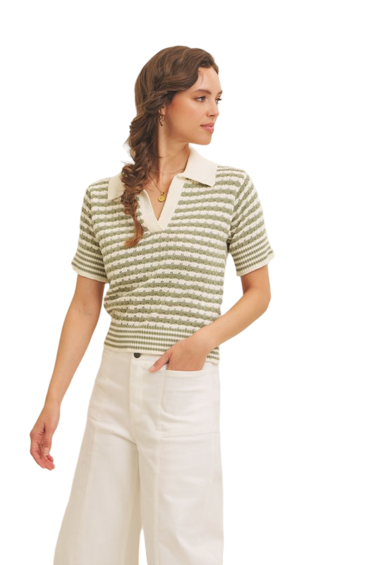 Apparel- In February Striped V Neck Collard Summer Sweater Top