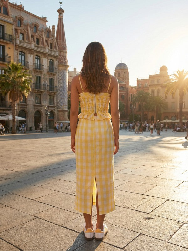 Baby Pink Gingham Sweetheart Top and Midi Skirt Set