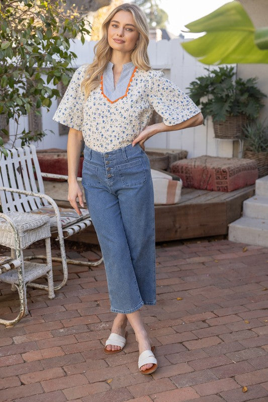 Apparel- VOY Floral Embroidered Striped Top