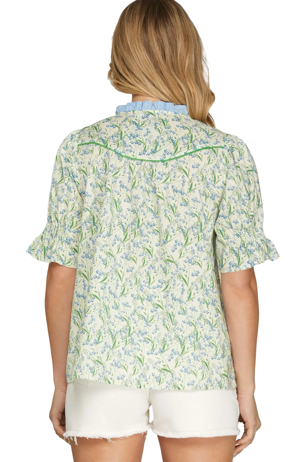 She+Sky Short Smocked Sleeve Blouse Printed Top