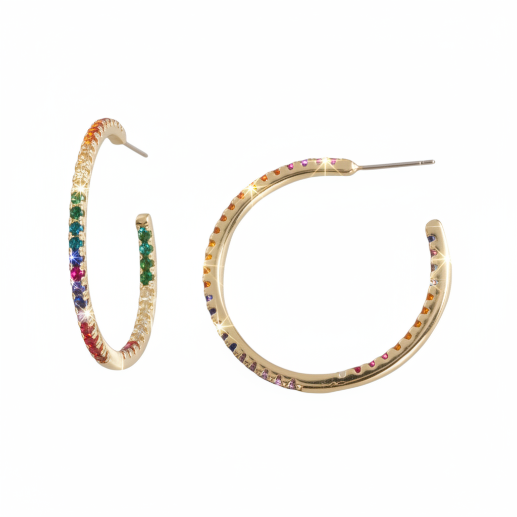 Earrings- M&E Bling Gold With Multi Color CZ Hoops