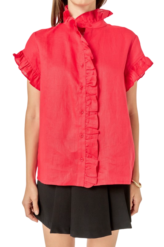 English Factory Red Linen Ruffled Blouse Shirt